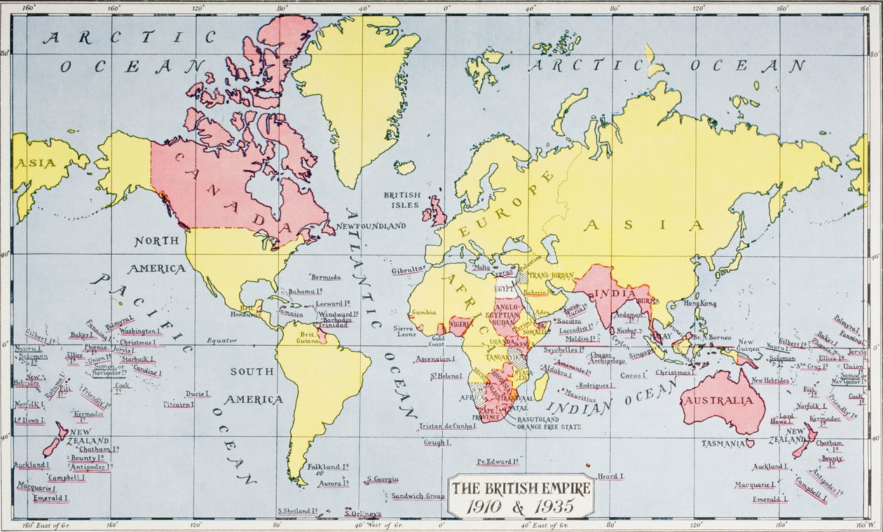 Mapa zobrazující královskou říši, červeně, v letech 1910 a 1935, z „The Queen, The Lady