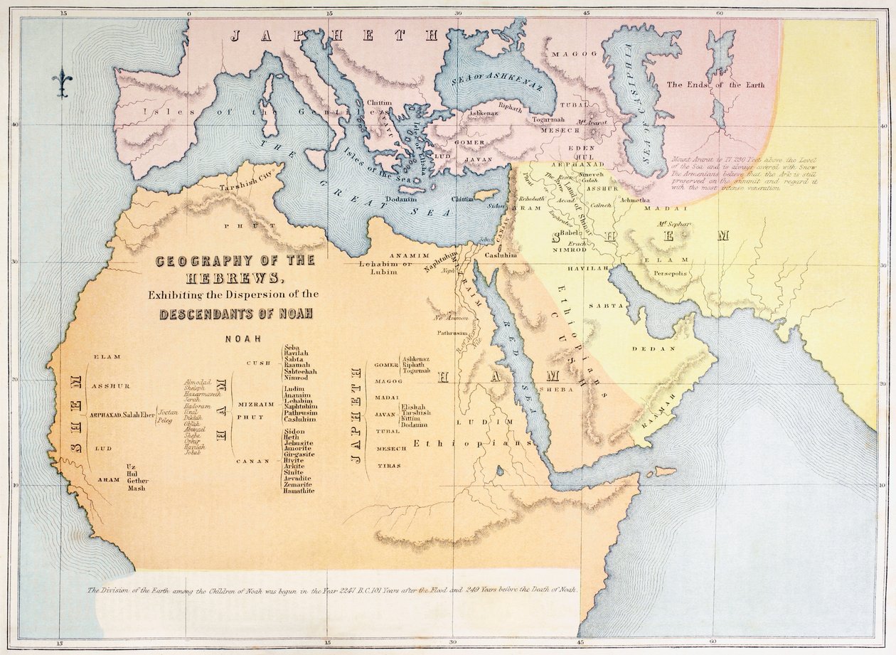 Mapa znázorňující geografii Hebrejců a znázorňující rozptýlení potomků Noeho od English School