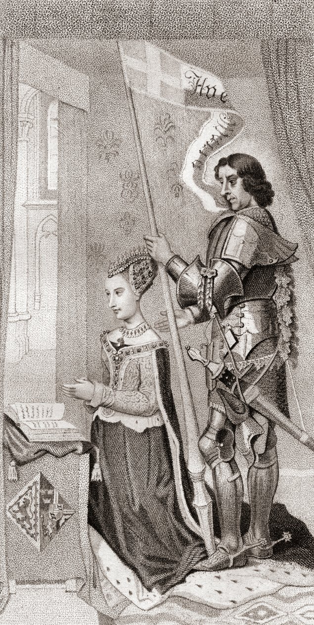 Markéta Dánská se sv. Canute, patronkou Dánska, za ní drží transparent znázorňující kříž křížových výprav. Markéta Dánská od English School