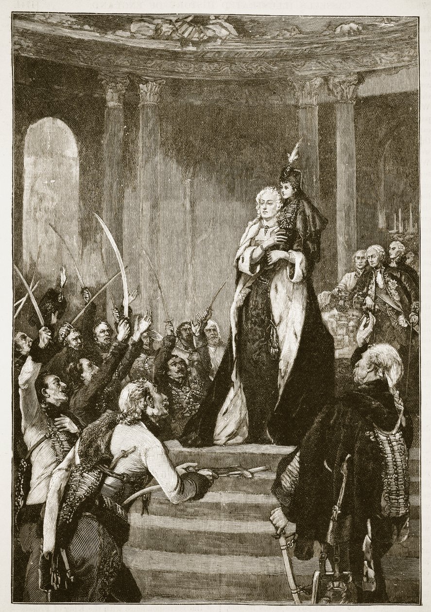 Marie Terezie a uherský parlament, ilustrace z Cassells Illustrated History of England (sépiová fotografie) od English School