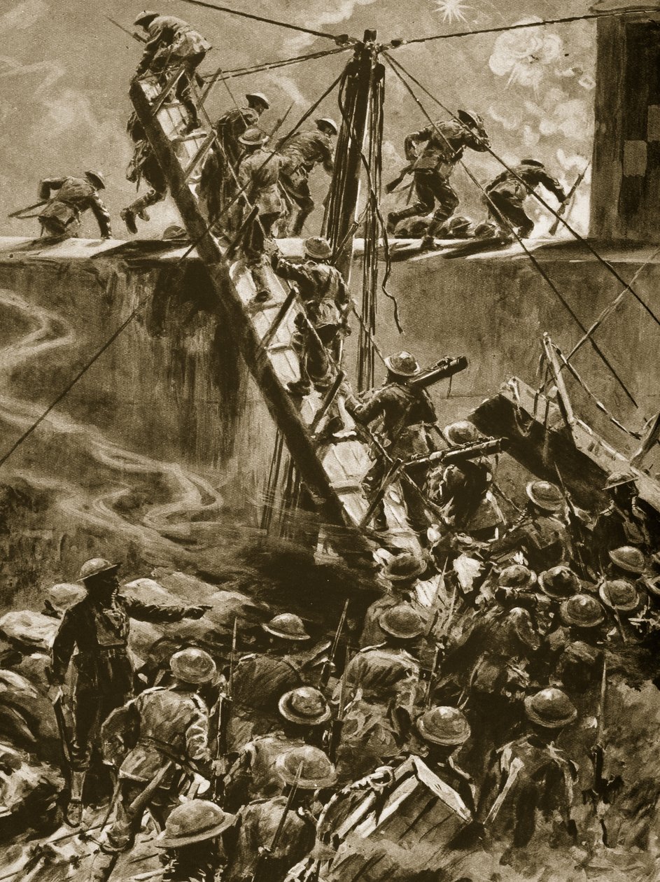Námořní pěchota a modré vesty vystupující na lávkách z H.M.S. Vindictive, 1914-19 od English School
