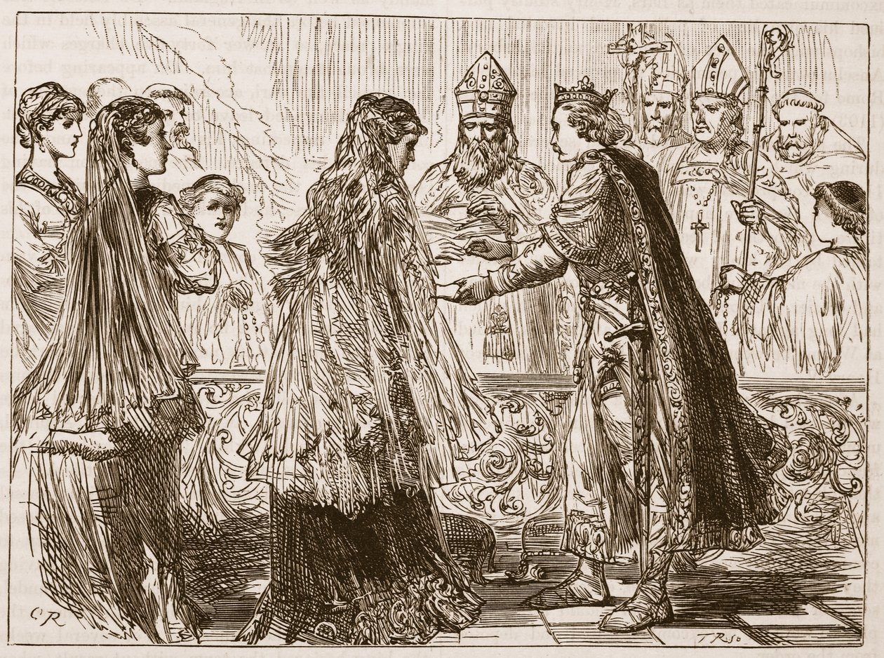Sňatek Jindřicha I. a Matyldy, ilustrace z Cassells Illustrated History of England (sépiová fotografie) od English School