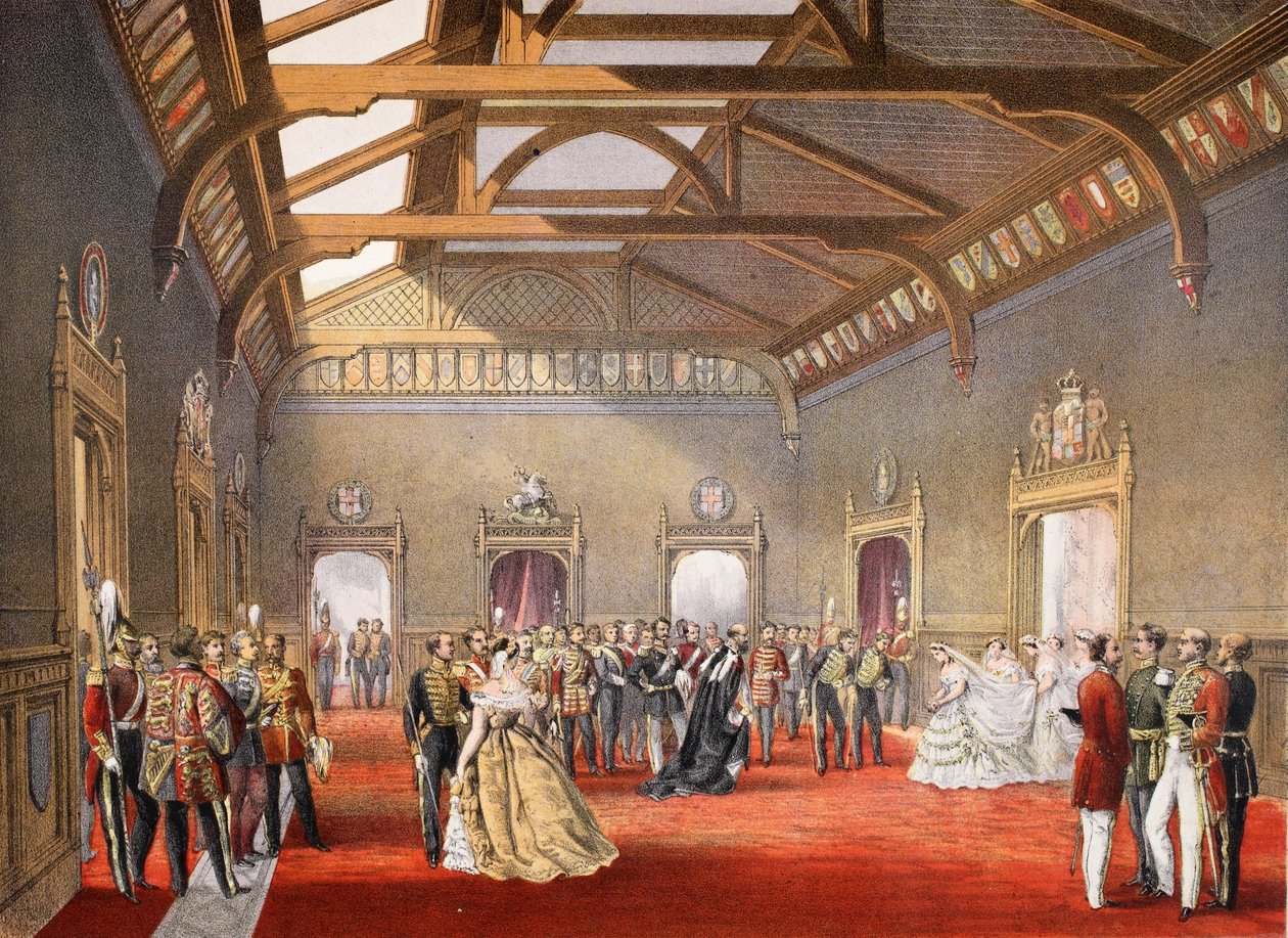 Seřazování průvodu nevěsty v centrální hale dočasných bytů, z Památníku svatby Edwarda VII. a Alexandry Dánské, hospoda. 1864 od English School