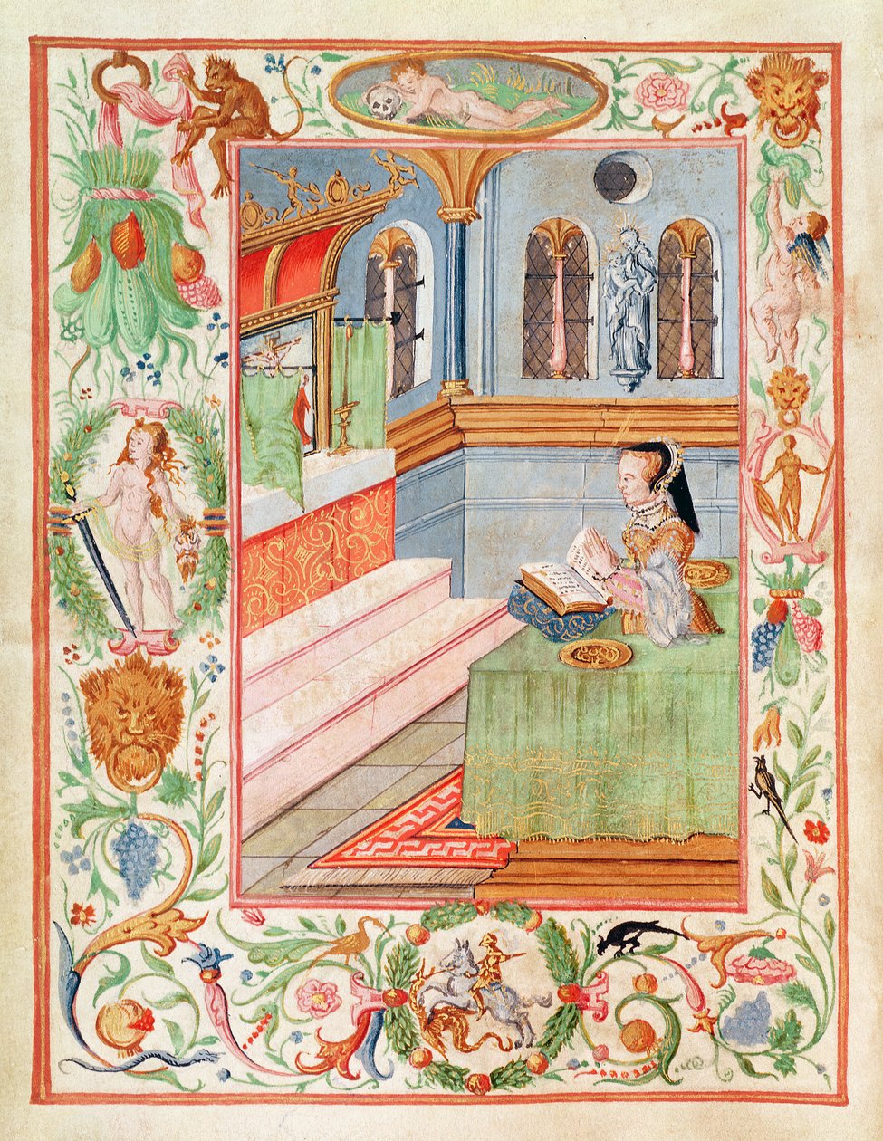 Marie I žehná křečovým prstencům (pigment na pergamenu) od English School
