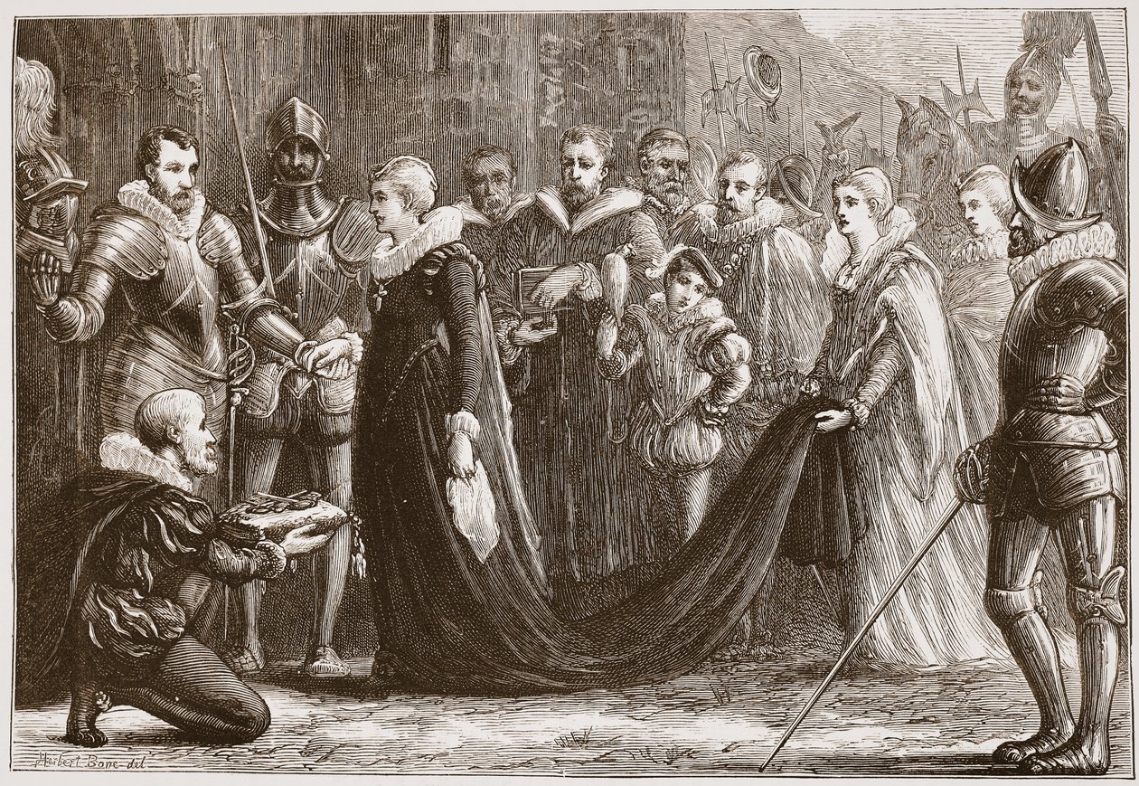 Mary Queen of Scots vstupující do Holyroodu, ilustrace z Historie protestantismu od Jamese Aitkena Wylie (1808-1890), hospoda. 1878 od English School