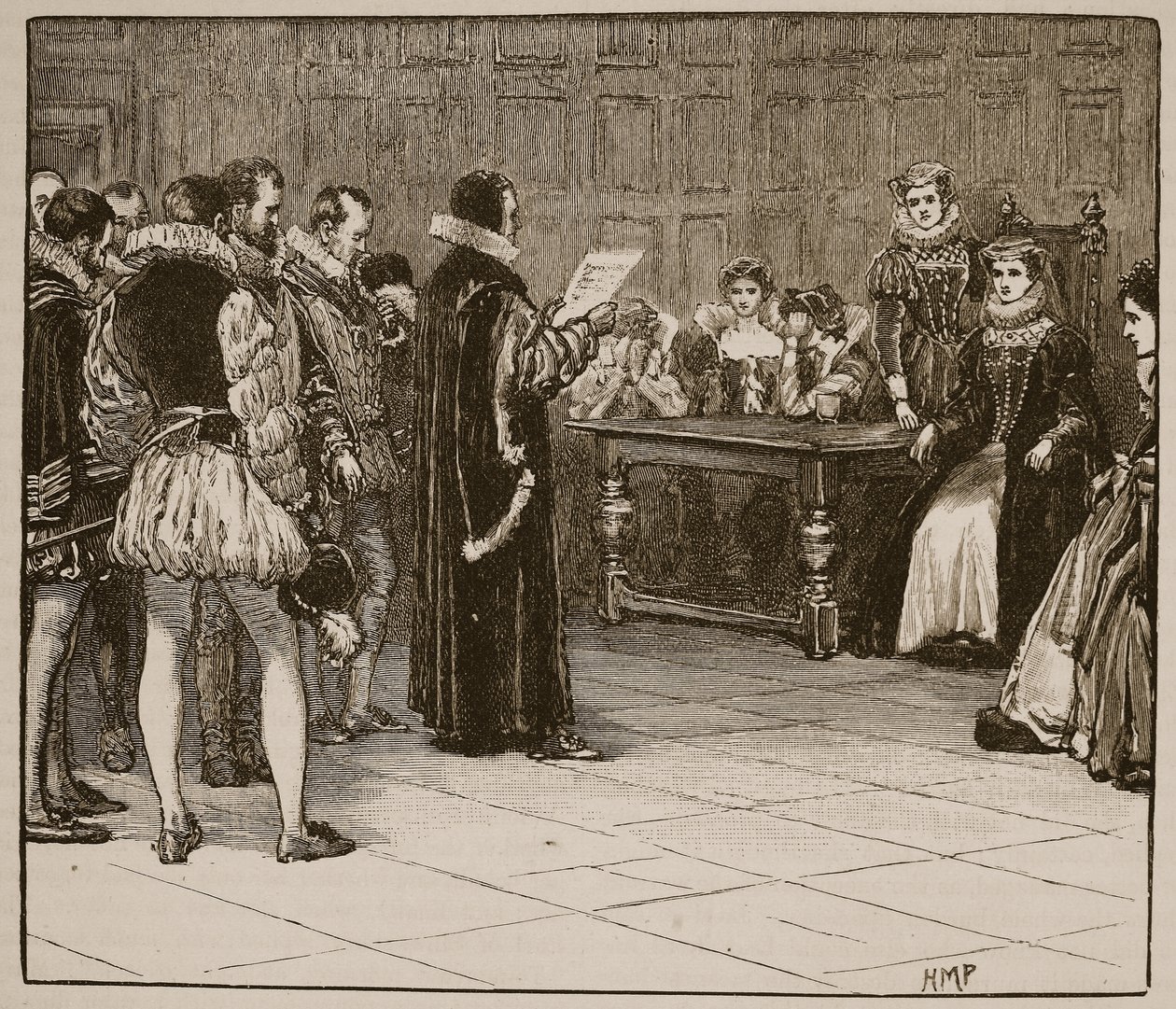 Marie královna Skotská dostává zprávu o svém zániku, ilustrace z Cassells Illustrated History of England (sépiová fotografie) od English School