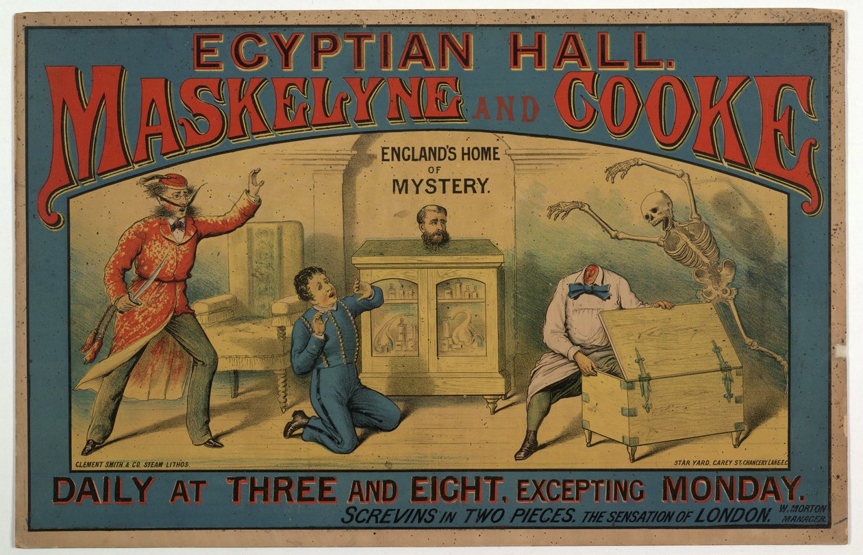 Maskelyne & Cooke v Egyptském sále kolem roku 1880 (barevné lito) od English School