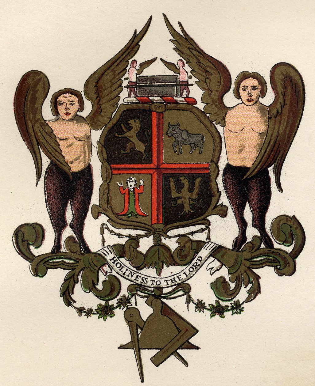 Zednářské zbraně, po malovaném panelu v majetku W.H.Y. Rylands, z Historie svobodného zednářství, svazek II, publikoval Thomas C. Jack, Londýn, 1883 od English School