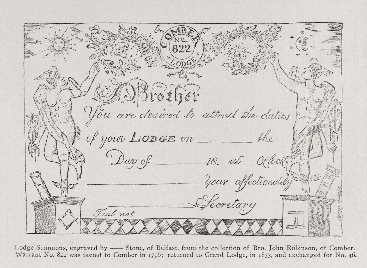 Předvolání zednářské lóže z roku 1796 od English School