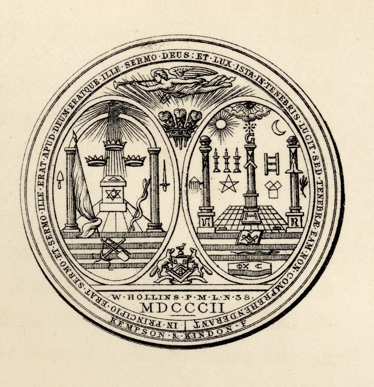 Zednářská pečeť, 1802, z „Historie svobodného zednářství, svazek III“, vydané Thomasem C. Jackem, Londýn, 1883 od English School