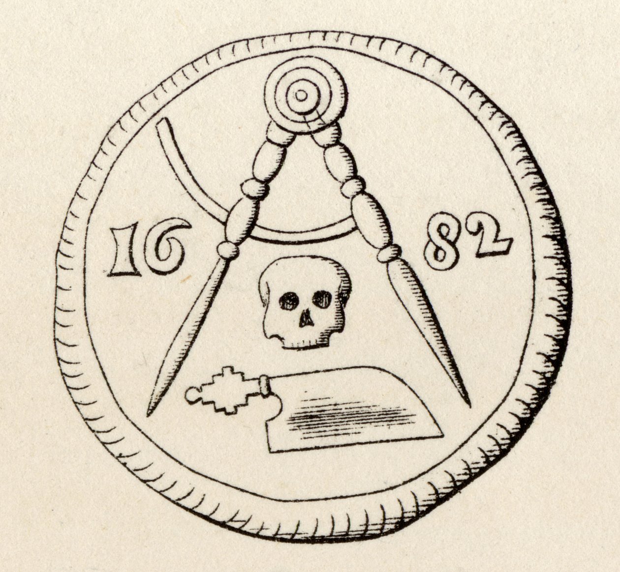 Zednářská pečeť tesařů z Maestrichtu z roku 1682 z „Dějiny svobodného zednářství, svazek II“, vydané Thomasem C. Jackem, Londýn, 1883 od English School