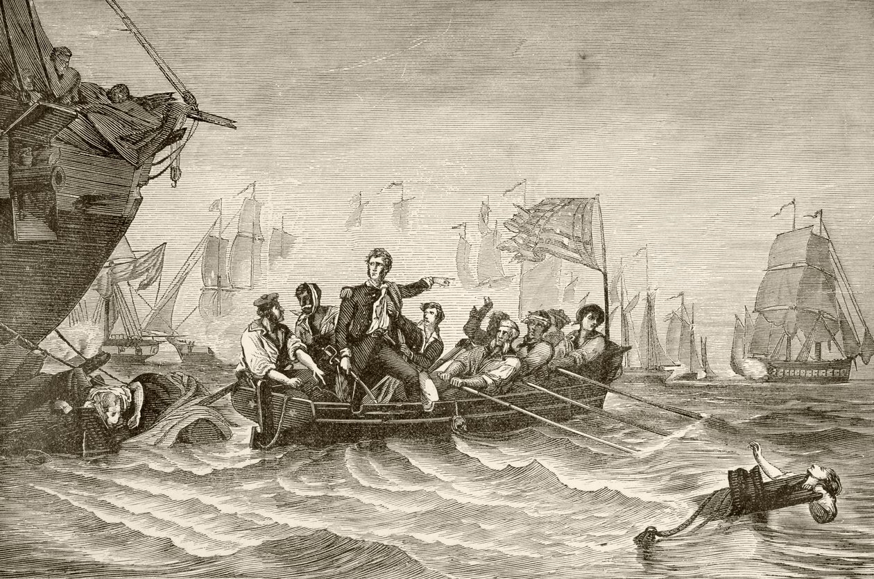 Velitel Oliver Hazard Perry přestupuje z amerického Briga Lawrence do americké Brig Niagra během bitvy u Erijského jezera (litho) od English School
