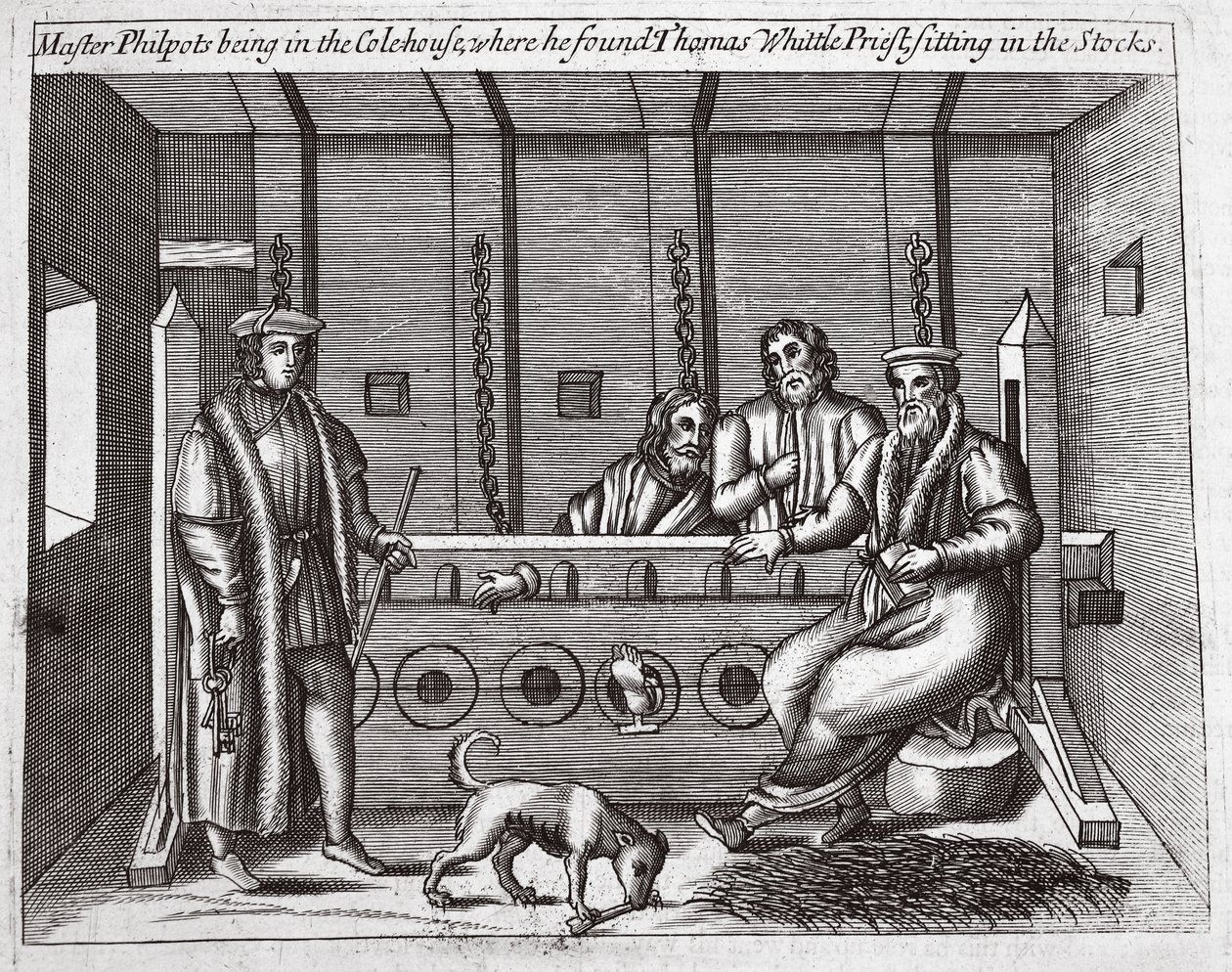 Mistr Philpots je v Colehouse, kde našel Thomase Whittlea, kněze, sedět ve skladech, ilustrace z Acts and Monuments od Johna Foxe, deváté vydání, hospoda. 1684 od English School