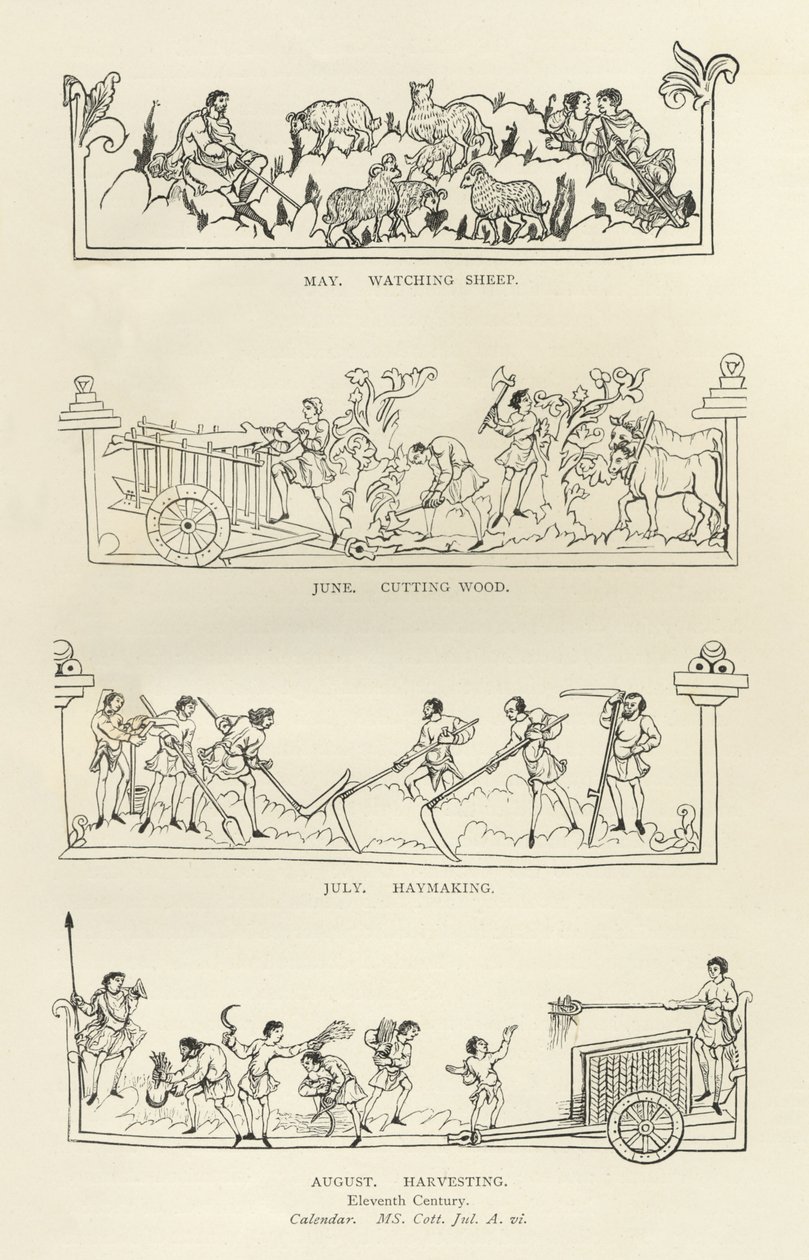 Květen, červen, červenec a srpen, z Juliova kalendáře a zpěvníku, ilustrace z Historie anglického lidu od English School