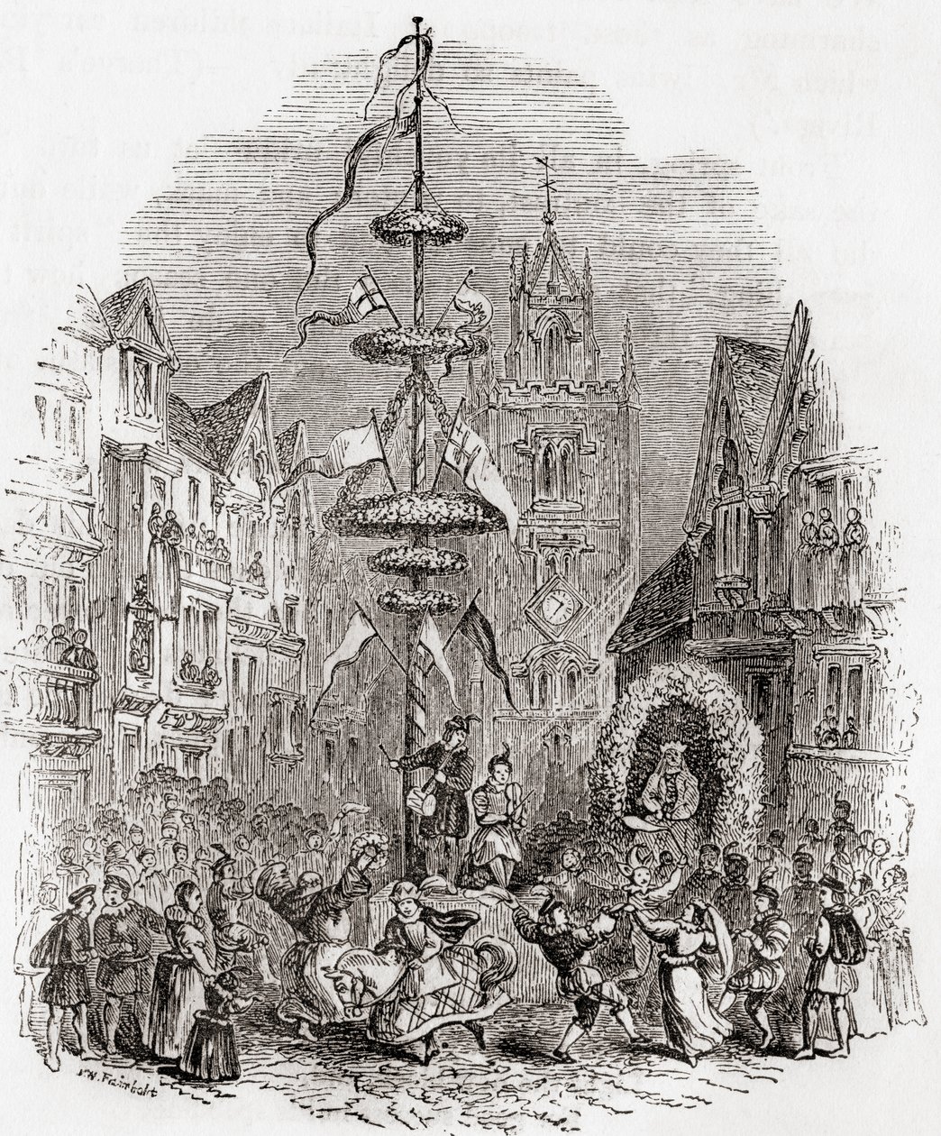 Tanec s májkou před kostelem St Andrew Undershaft v Londýně v 19. století, ze staré Anglie: z obrazového muzea, pub. 1847 od English School