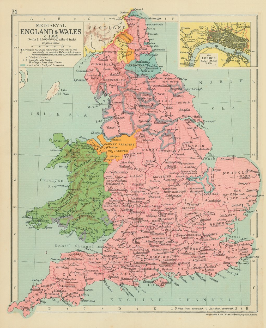 Středověká Anglie a Wales kolem roku 1399 (barevná litografie) od English School