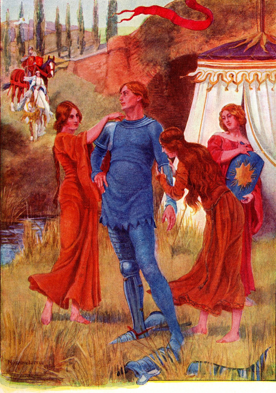 Středověký rytíř, Jitřenka se připravuje na bitvu. Barevná ilustrace z příběhu Garetha a Lynette z knihy Brána do Tennysonu vydané v roce 1910. od English School