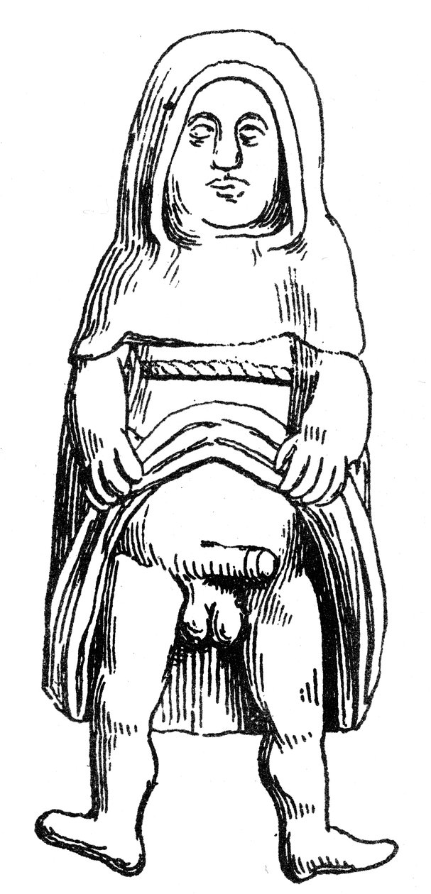 Středověký falický amulet ve zlaté barvě zobrazující mnicha nebo mnicha od English School