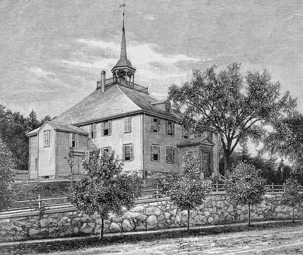 Meeting House v Hinghamu, ilustrace z III. dílu „Narativní a kritické historie Ameriky“, 1886 od English School