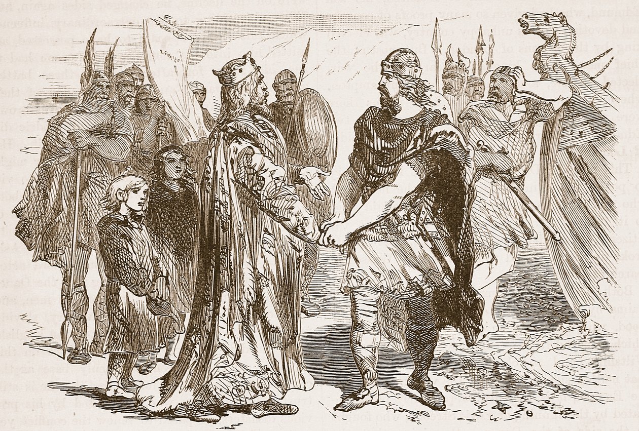 Setkání Edmunda Ironsidea a Canuta na ostrově Alney v Severnu v roce 1016, ilustrace z Cassells Illustrated History of England (sépiová fotografie) od English School