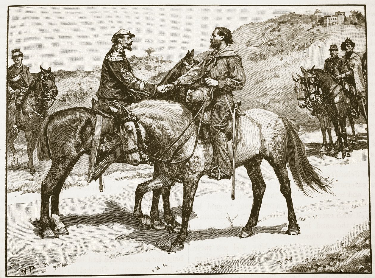 Setkání Garibaldiho a Viktora Emanuela, ilustrace z Cassells Illustrated History of England (sépiová fotografie) od English School