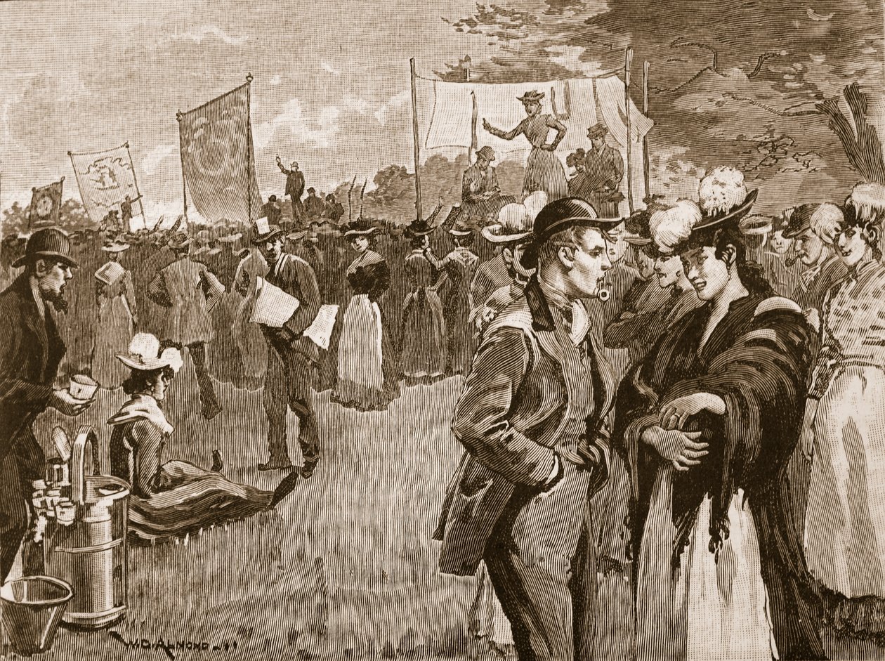 Setkání pradlen v Hyde Parku, 1891, ilustrace z Cassells Illustrated History of England (sépiová fotografie) od English School