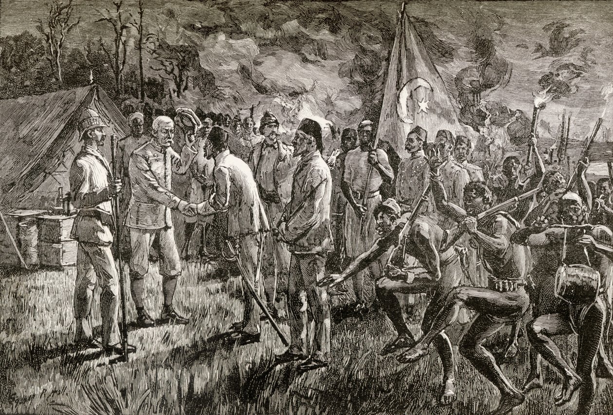 Mehmet Emin Pasha a Gaetano Casati přijíždějí do tábora sira Henryho Mortona Stanleyho na břehu jezera u jezera Albert v roce 1889, 1890 (dřevoryt) od English School