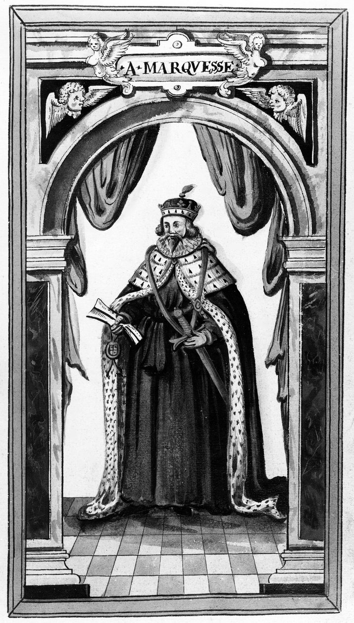Člen Řádu podvazku a královský a cenný služebník Karla I. a II., převzato ze série Walkers Arms of Nobility od Sira Edwarda Walkera, 17. století (mezzotinta) od English School