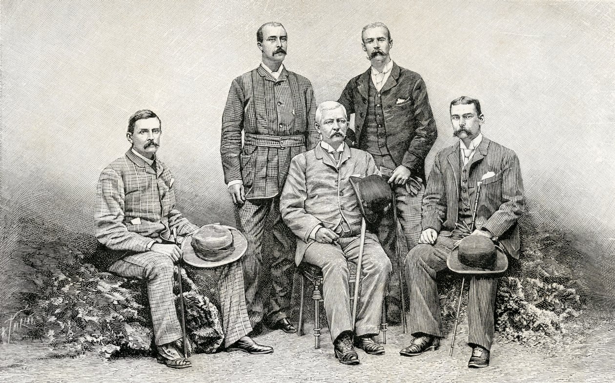 Členové expedice Emin Pasha Relief Expedition sira Henryho Mortona Stanleyho, 1890 (dřevoryt) od English School
