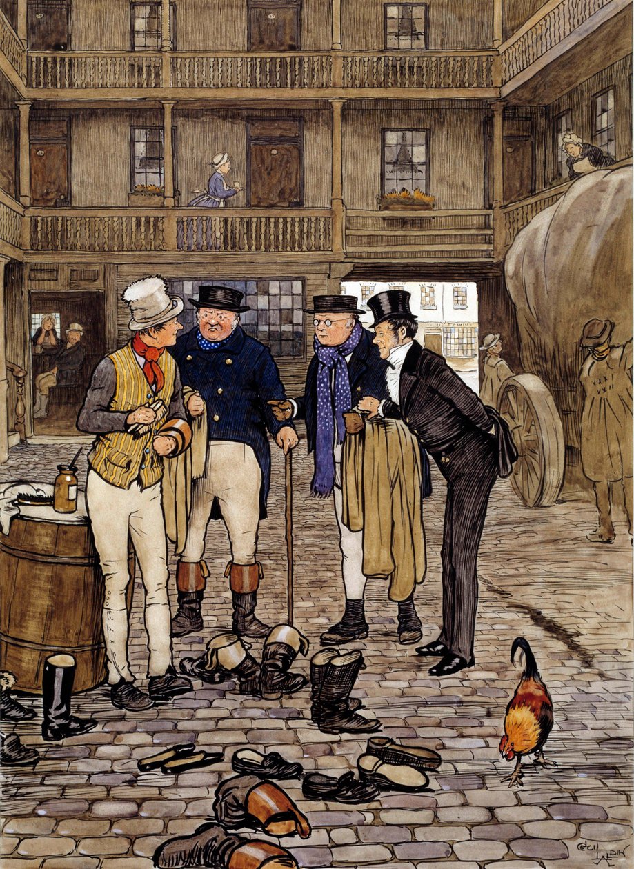 Členové Pickwickova klubu se setkávají se Samem Willerem Ilustrace děl Charlese Dickense (1812-1870) z anglické školy. 1837 Soukromá sbírka od English School