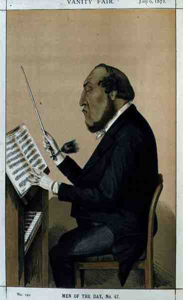 Muži dne, č. 47: "Orchestration", karikatura z Vanity Fair, 6. července 1872 (barevné lito) od English School