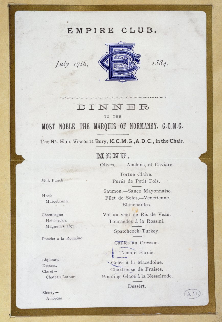 Menu z Empire Clubu, 17. března 1884 od English School