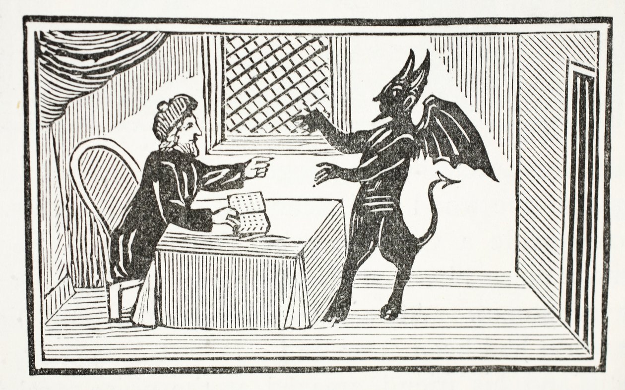 Mefistofeles přichází do domu doktorů, ilustrace z Chap-books of the Eighteenth Century od Johna Ashtona, hospoda. 1882 od English School