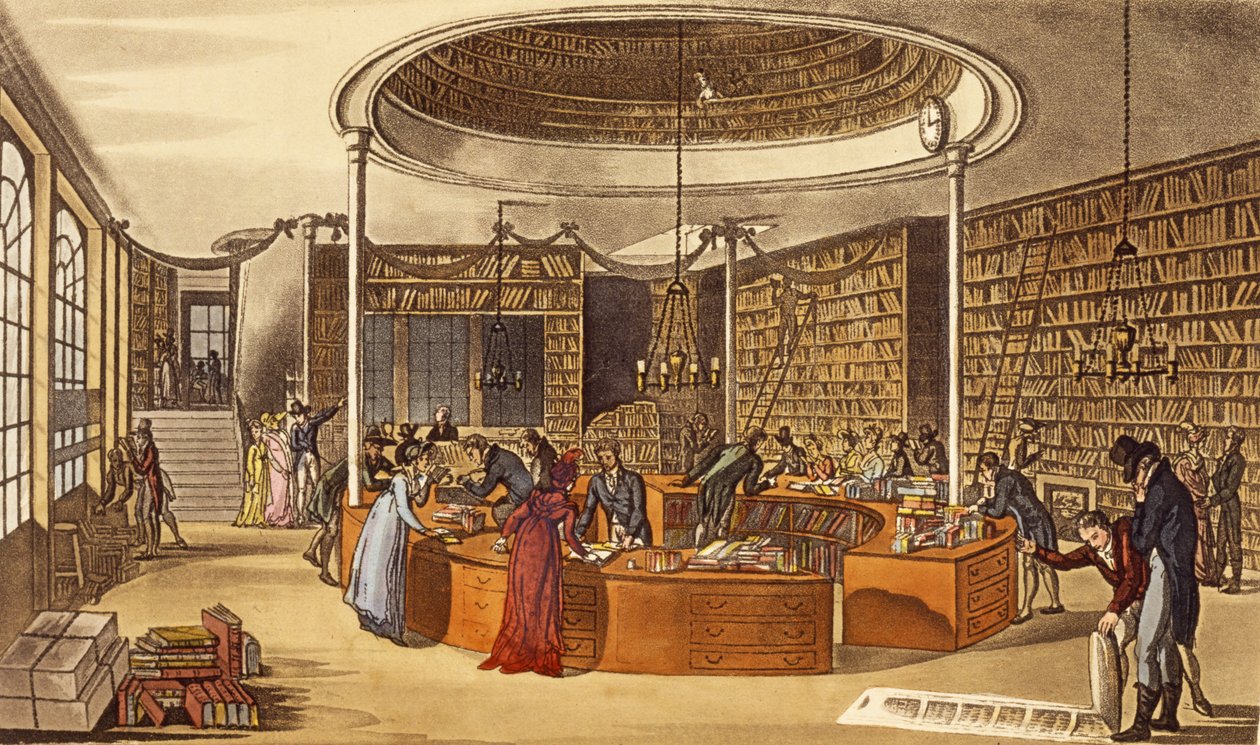 Pánové Lackington Allen and Co., 1809, Chrám knihkupců, Finsbury Square z Ackermanns Repository of Arts, Literature, Commerce, Manufacture, Fashions and Politics, pub. 1809 (hand-co od English School