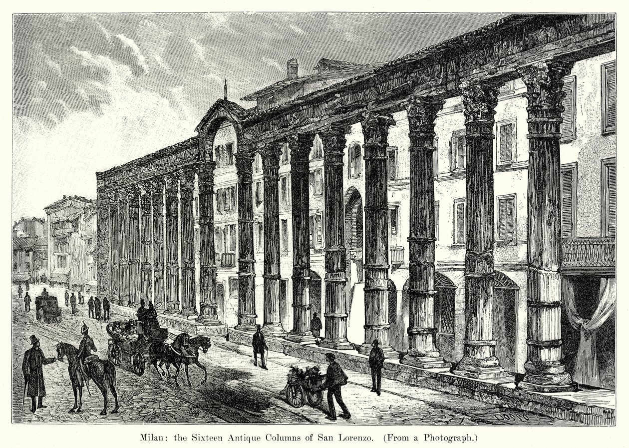 Milán: šestnáct antických sloupů San Lorenzo (rytina) od English School