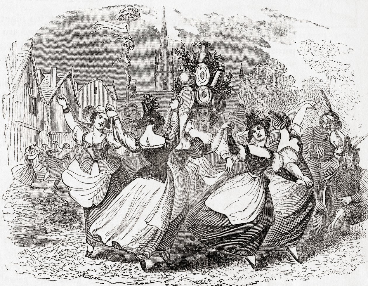 Tanec dojiček, s hromadou talířů, May Day, Anglie, ze staré Anglie: A Pictorial Museum, pub. 1847 od English School