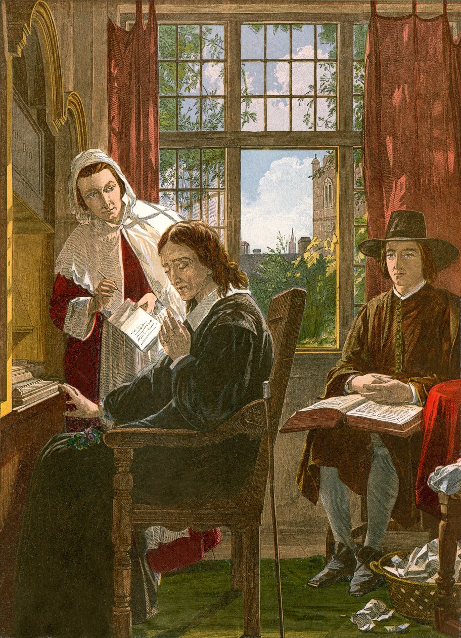 Milton diktuje "Samson Agonistes" (kolorovaná rytina) od English School