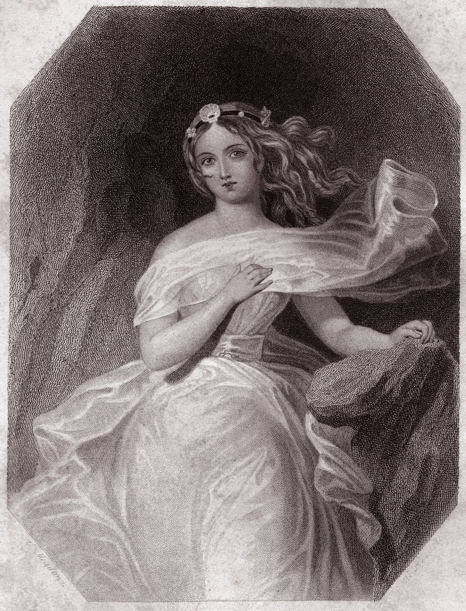Miranda (The Tempest - La Tempete) v - „“ Galerie des femmes de Shakespeare, sbírka čtyřiceti pěti vážných portrétů prvních londýnských umělců, obohacená o kritické a literární poznámky“““ kolem roku 1838 – z „“ Galerie žen Shakespeara, od English School