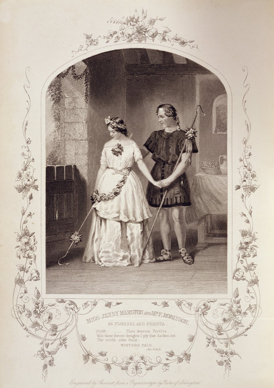 Slečna Jenny Marston jako Perdita a pan F. Robinson jako Florizel, dějství IV, scéna 3, v Zimním příběhu od Williama Shakespeara (1564-1616) vyrytým Thomasem Sherrattem (fl.1860-80) z daguerrotypie od Pa od English School