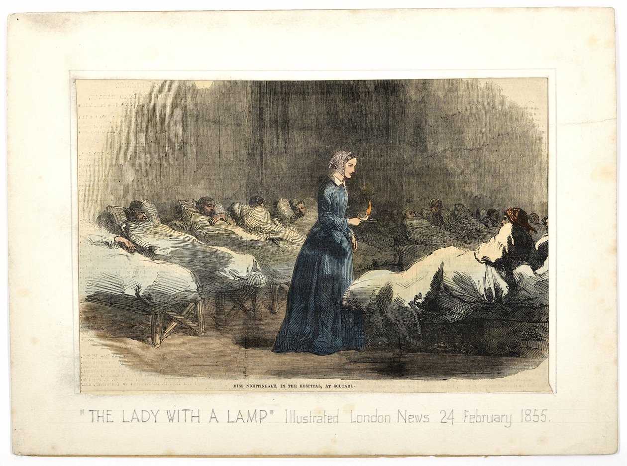 Slečna Nightingalová v nemocnici ve Scutari, z „The Illustrated London News“, 24. února 1855 (barevně lito) od English School