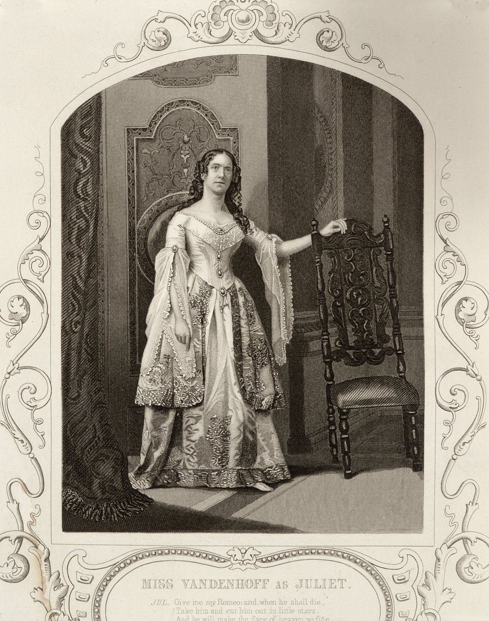 Slečna Vandenhoffová jako Julie, 1. dějství Romea a Julie, z daguerrotypie, vyd. John Tallis & Co. od English School