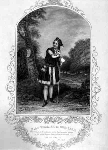 Slečna Woolgarová jako Rosalind, dějství III, scéna 2, v Jak se vám líbí, William Shakespeare (1564-1616) (rytina) od English School