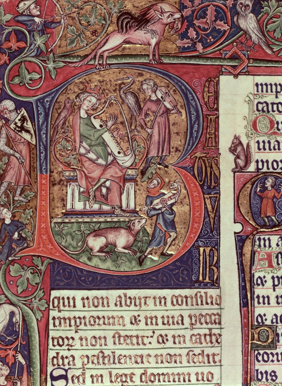 Mms 9961-2 Historická iniciála B z Peterboroughského žaltáře zobrazující krále Davida hrajícího na harfu, angličtina, (asi 1310-20) od English School