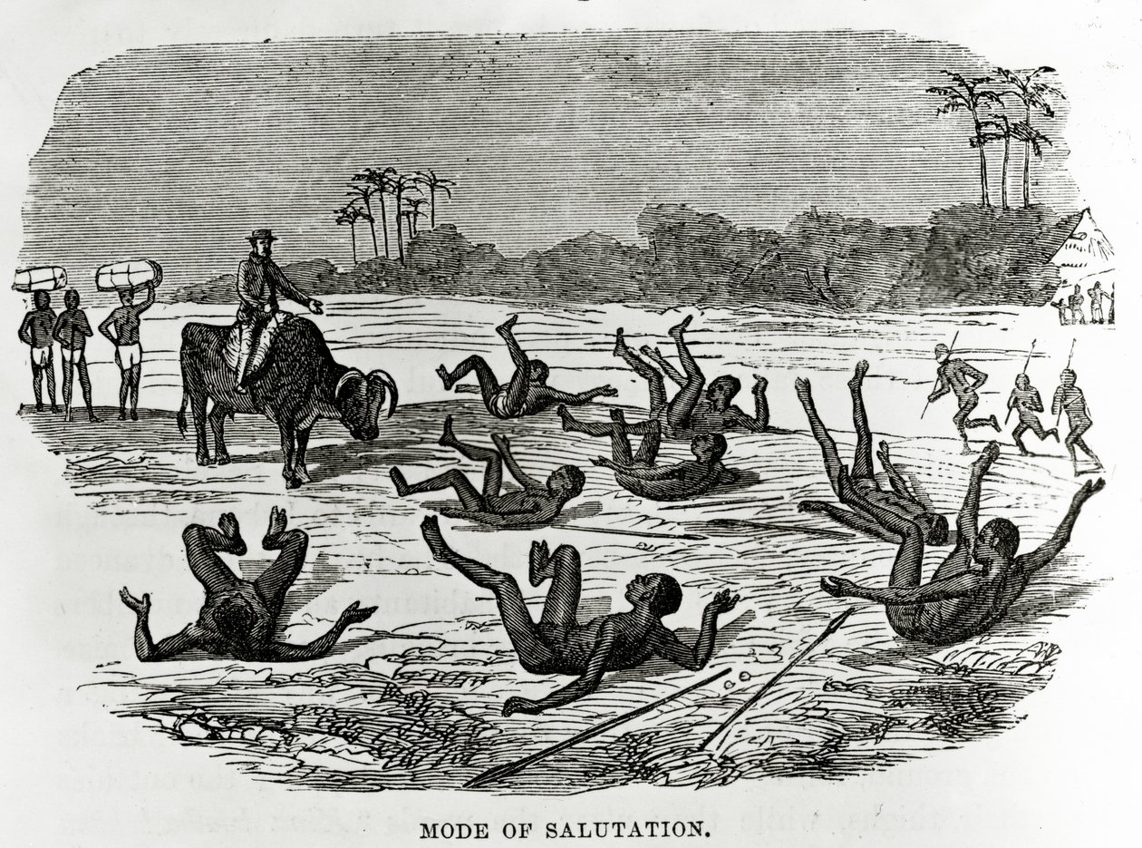 Mode of Salutation, ilustrace z „Velkých afrických cestovatelů, od parku Mungo po Livingstona a Stanleyho“, román Williama H.G. Kingstone, poprvé vydaný v roce 1874 od English School