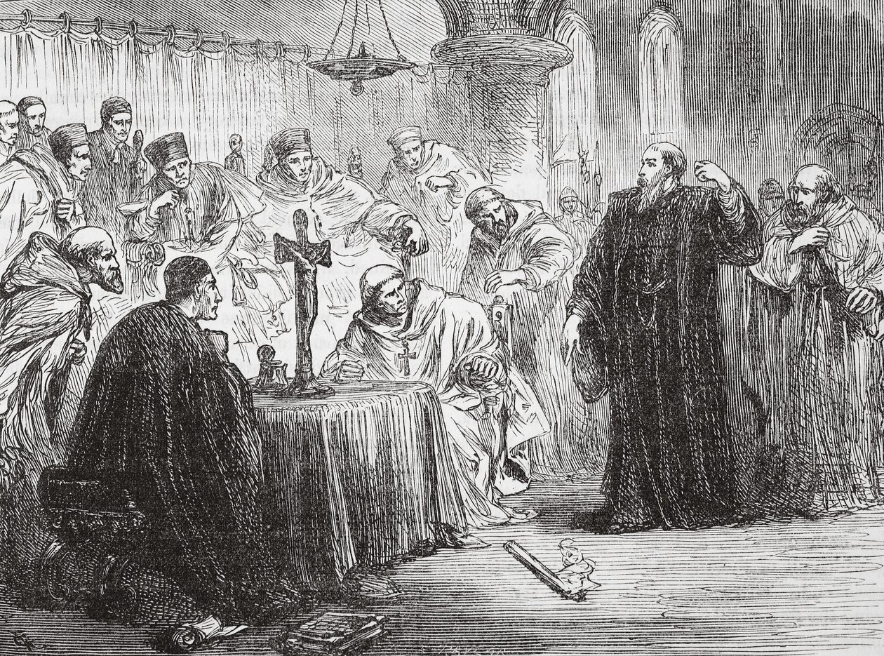 Mollio shazuje pochodeň před inkvizicí, ilustrace z Historie protestantismu od Jamese Aitkena Wylie (1808-1890), hospoda. 1878 od English School