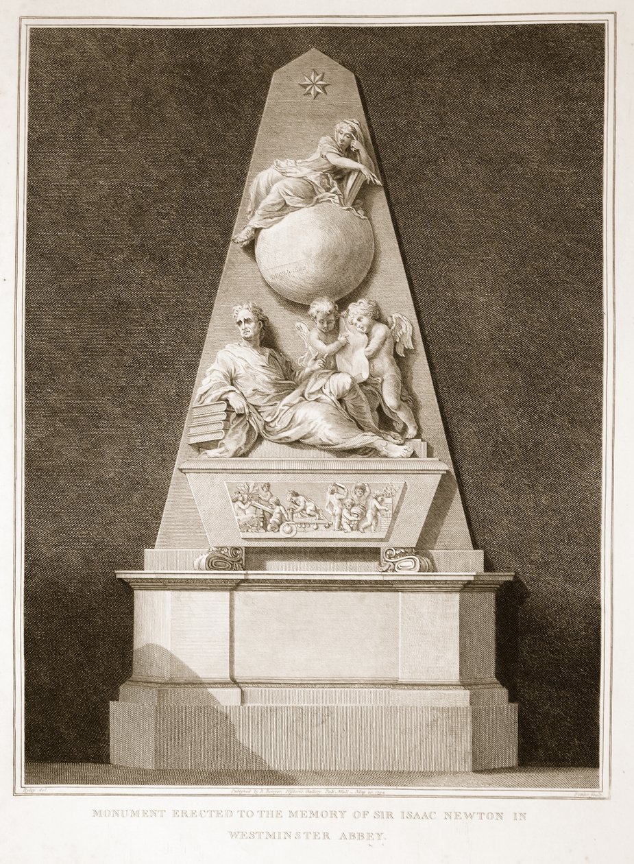 Památník postavený na památku sira Isaaca Newtona ve Westminsterském opatství, ilustrace od Davida Humese Historie Anglie, hospoda. od R. Bowyera, Londýn, 1812 od English School