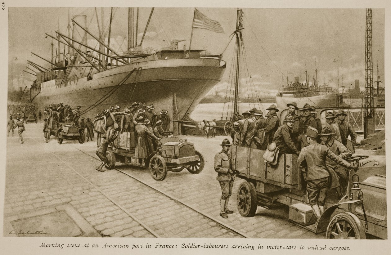 Ranní scéna v americkém přístavu ve Francii: Vojáci přijíždějí v motorových vozech, aby vyložili náklad, 1914-19 od English School