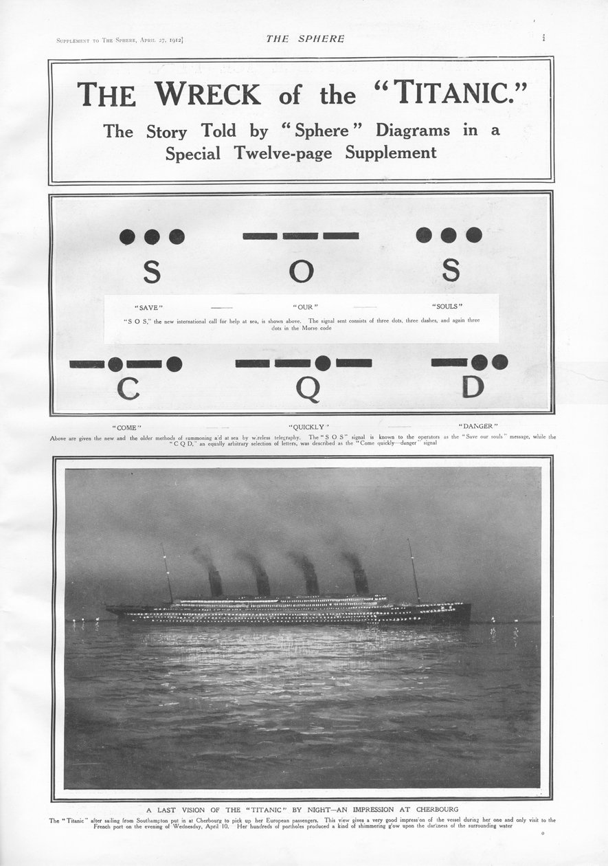 Signály Morseovy abecedy a ilustrace parní lodi kotvící v noci v Cherbourgu, z The Sphere, 27. dubna 1912 od English School