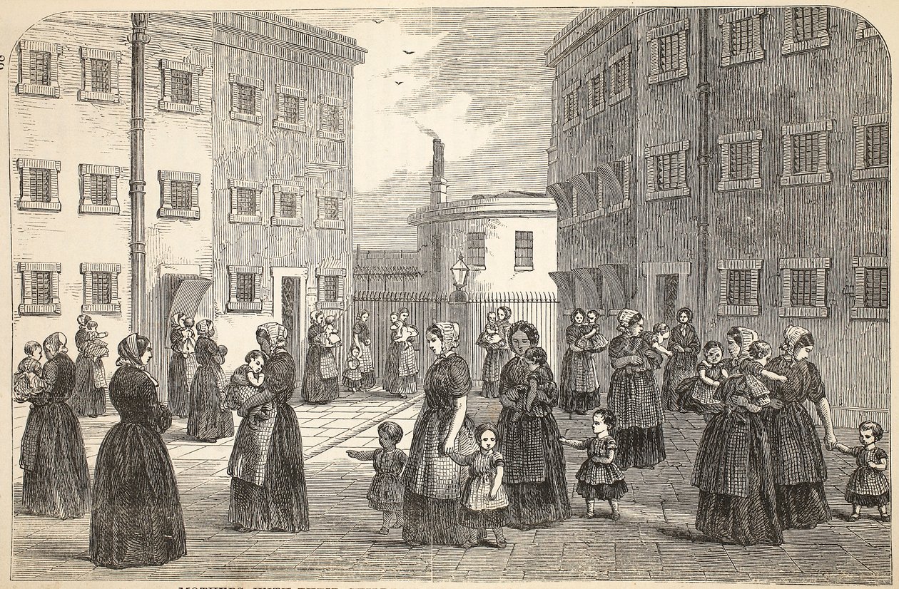 Matky s dětmi na cvičení ve věznici Tothill Fields, ilustrace z knihy The Criminal Prisons of London and Scenes from Prison Life od Henryho Mayhewa a Johna Binnyho, vyd. 1862 od English School