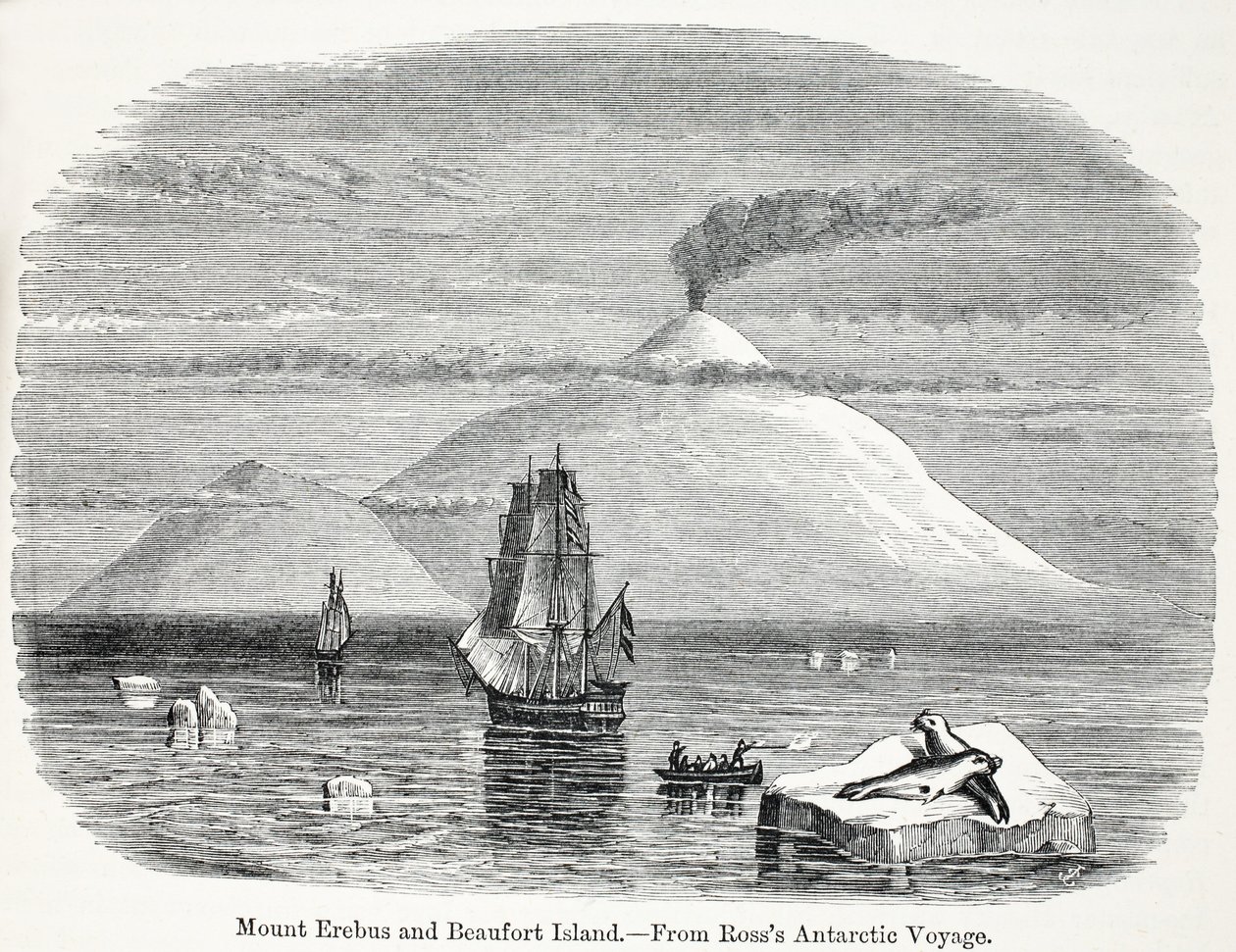 Mount Erebus a ostrov Beaufort z Rosssovy antarktické cesty od English School